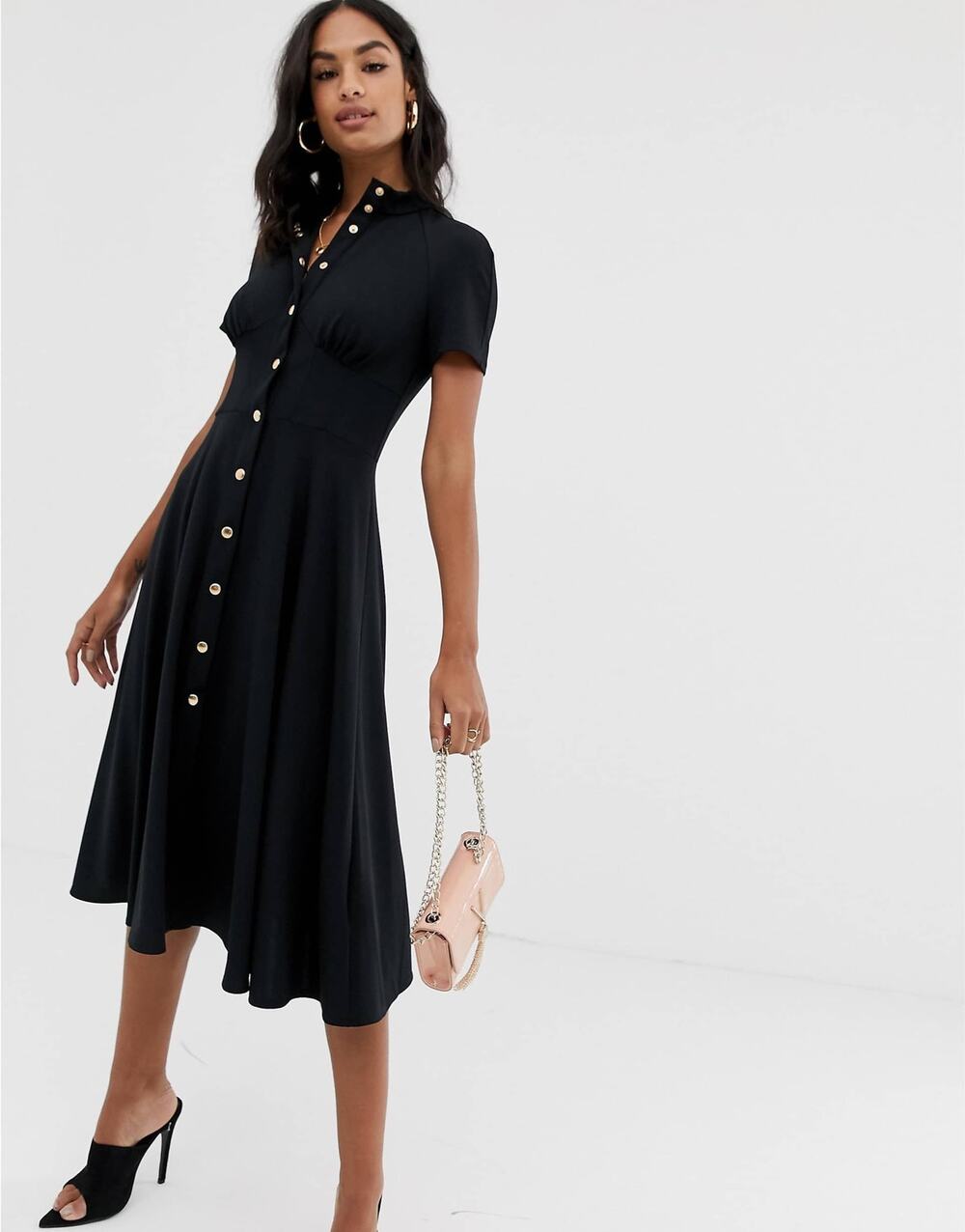 NWT ASOS Corset Skater Midi Dress with Popper Detail Button Down Black Size 6